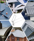 Metal Roof Eaves Locking Tool For Drip Edge Hemming And Standing Seam Lock with various metal roof styles in the background