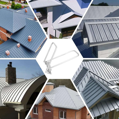 Metal Roof Eaves Locking Tool For Drip Edge Hemming And Standing Seam Lock with various metal roof styles in the background