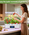 Woman using Dope Seventeen Pod Hydroponic Growing System With Dual Fans And 24W Full Spectrum Grow Light Smart Control Panel indoors