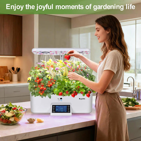 Woman using Dope Seventeen Pod Hydroponic Growing System With Dual Fans And 24W Full Spectrum Grow Light Smart Control Panel indoors