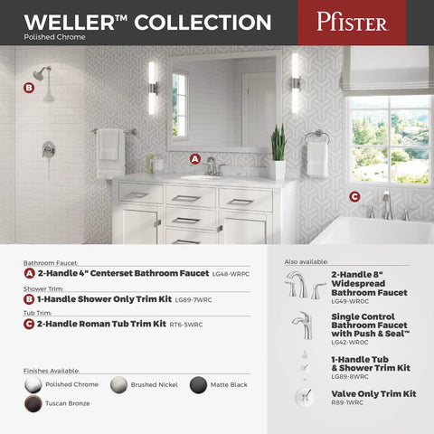 Weller Collection Polished Chrome Single Handle Shower Trim Kit With Multi Function Shower Head in bathroom setting.