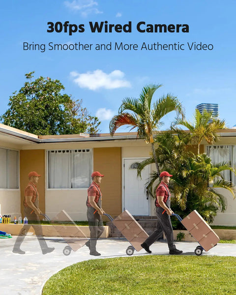 30fps wired camera capturing a man moving a box, demonstrating the smooth video capability of 4 Pack 1080P HD TVI Wired Security Camera Kit