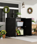 Outdoor Storage Cabinet With Doors Weather Resistant HDPE Plastic 34 Inches By 15 Inches By 34 Inches All Weather Ready, black, open with garden tools