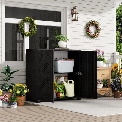 Outdoor Storage Cabinet With Doors Weather Resistant HDPE Plastic 34 Inches By 15 Inches By 34 Inches All Weather Ready, black, open with garden tools