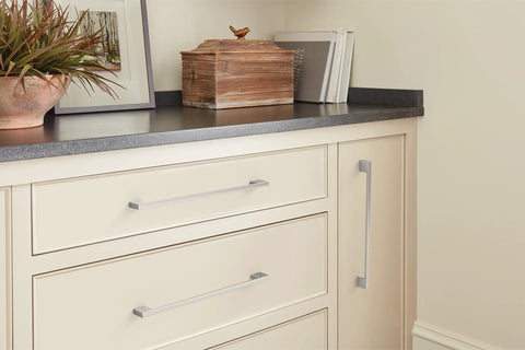 Installed Cityscape Satin Nickel Cabinet Pull Center-To-Center Ten And One Sixteenth Inch Pack of 10 on kitchen drawers