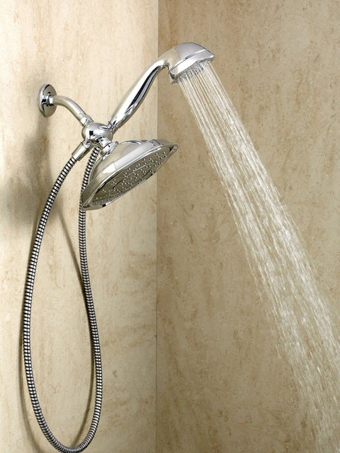 Refresh 9 Inch Rain Shower Head With 7 Function Handheld Sprayer in chrome, mounted on shower wall delivering water spray