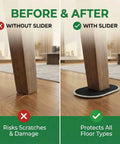 Comparison image of furniture leg with and without Extra Large Furniture Sliders For Carpet And Hardwood Floors 9.5 Inch Heavy Duty Reusable Moving Pads.