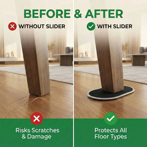 Comparison image of furniture leg with and without Extra Large Furniture Sliders For Carpet And Hardwood Floors 9.5 Inch Heavy Duty Reusable Moving Pads.
