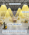 200W LED Flood Light Outdoor Ultra Bright 20000LM 6500K Daylight IP66 illuminating a large warehouse space