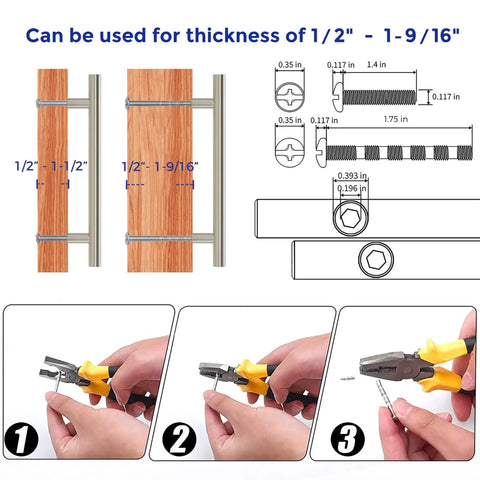 Installation instructions for 50 Pack Brushed Nickel Cabinet Pulls 7 3/8 Inch Stainless Steel Kitchen Drawer Handles With 5 Inch Hole Center And Mounting Template Modern Hardware For Cabinets Wardrobes Dressers And More, showing mounting details and tools used.