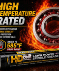 Heavy Duty High Temperature Bearing Grease For Toro And Exmark Mowers That Beats The Heat On Overworked Spindles and Shuts Out Grime and Humidity In A Battle Ready Two Pack For No Hassle Mowing Days featuring a lubricant tube and a ball bearing.