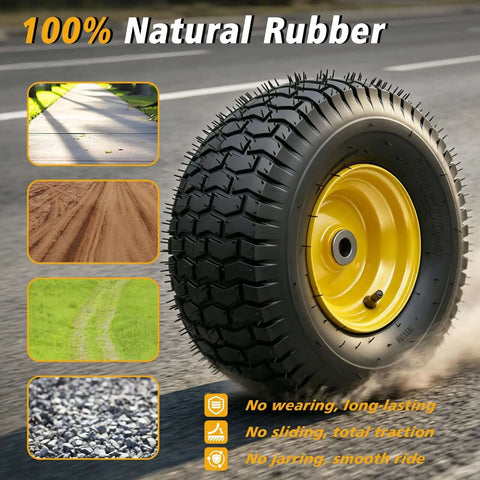 Nuphtun 15x6.00-6 Lawn Mower Tire And Wheel Assembly With Yellow Hubs, Perfect Pre-Mounted Upgrade Kit For Easy Push Mowers Featuring Iron Bushings And Secure Bearings on lawn terrain
