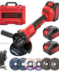 Badass Brushless Cordless Angle Grinder 5 Inch Battery Powered Heavy Duty Cutting Tool with two batteries and cutting discs.