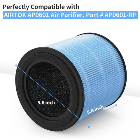 2-Pack AP0601 Replacement Filter For AIRTOK AP0601 Air Purifier With Aromatherapy Tablets, 4-Layer Filtration System, Part AP0601-RF Compatible, showing blue cylindrical filter dimensions.