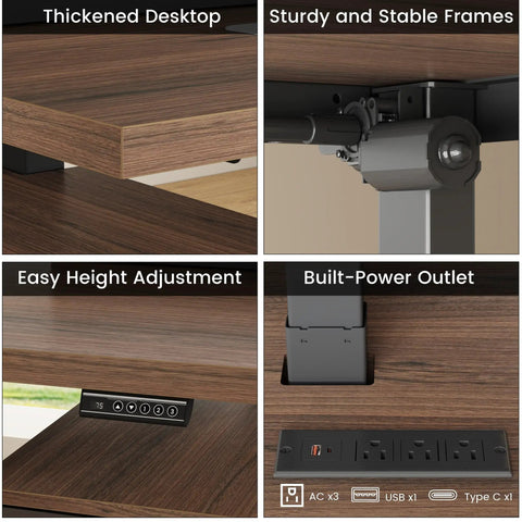 Premium 63 Inch Electric Height Adjustable Standing Desk With Four Drawer Filing Cabinet Built In Monitor Platform Smooth Glide Motor No Sweat Assembly showcasing thickened desktop, stable frame, and height adjustment features.