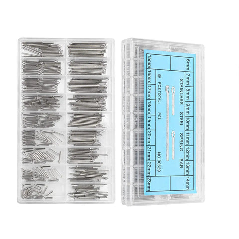 Packaging of Ten Millimeter Watch Spring Bar Repair Kit For Stainless Steel Bands With Cotter Pins Set Of 18 Sizes displayed in box