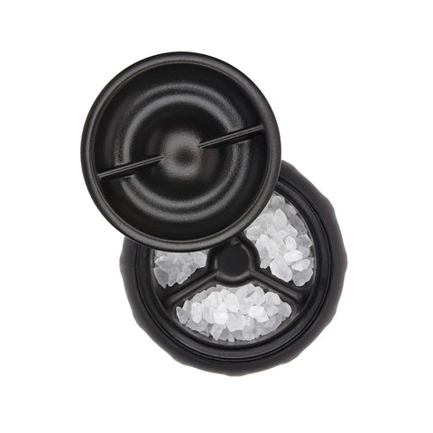 Top view of stainless steel salt and pepper grinder set for kitchen and table easy refill top grinding mechanism for clean counters