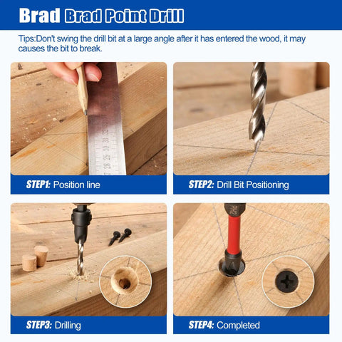 Do-It-All Countersink Drill Bit Set For Woodworking showing step-by-step drilling process in wood