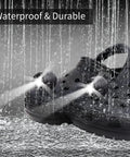 Close-up of waterproof clogs with flashlights in rain, showcasing durability and functionality in wet conditions.