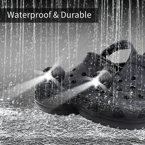 Close-up of waterproof clogs with flashlights in rain, showcasing durability and functionality in wet conditions.