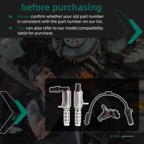 Mechanic installing Intake And Exhaust Variable Valve Timing VVT Solenoid And Crankshaft Position Sensor Kit For Hyundai And Kia 2016 To 2021 Two Liter Engines with components displayed.