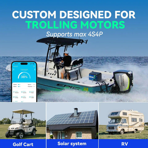 12V 100Ah Bluetooth LiFePO4 Battery For Deep Cycle Power Built To Last Ready To Roll For RVs Trolling Motors Yachts And Solar Setups Ultra Lightweight And Compact With 15,000 Charging Cycles powering boat, golf cart, solar system, RV.