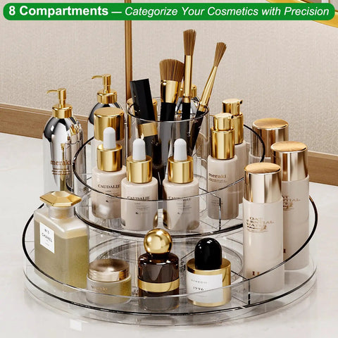Real Deal Slick Spin 360 Round Rotating Makeup Organizer Clear Acrylic Lazy Susan Cosmetic Storage Tray For Skincare And Perfume And Lipstick Keeping It Neat On Your Vanity Shelf with various skincare bottles.