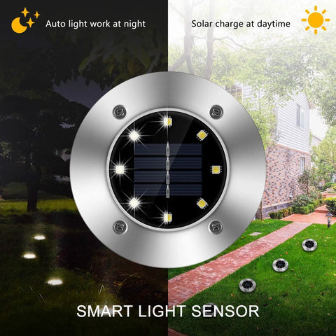 8 Pack Solar Ground Lights With 8 LED Upgraded Outdoor Garden Landscape Lighting For Lawn Pathway Yard Deck Patio Walkway White Weatherproof Aluminum Alloy Durable And Waterproof with smart light sensor illustration