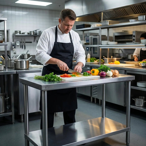 Premium 40x20 Stainless Steel Work Table Beefy Frame Heavy Duty Prep Station With Lower Shelf 600 Pound Capacity in commercial kitchen.