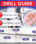 Drill guide for Heavy Duty Aluminum Long Rivets 3/16 X 1-1/2 Dome Head Blind Rivets with measurements shown in image.