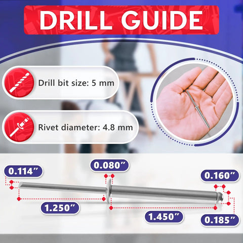 Drill guide for Heavy Duty Aluminum Long Rivets 3/16 X 1-1/2 Dome Head Blind Rivets with measurements shown in image.