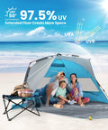 Pop Up Beach Tent For 3 To 4 People With Sandbags, Portable Sun Shade Canopy, UPF50+ Protection at beach with family inside