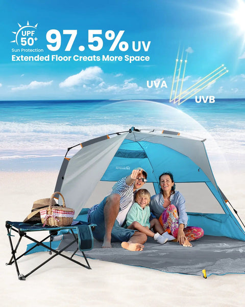 Pop Up Beach Tent For 3 To 4 People With Sandbags, Portable Sun Shade Canopy, UPF50+ Protection at beach with family inside