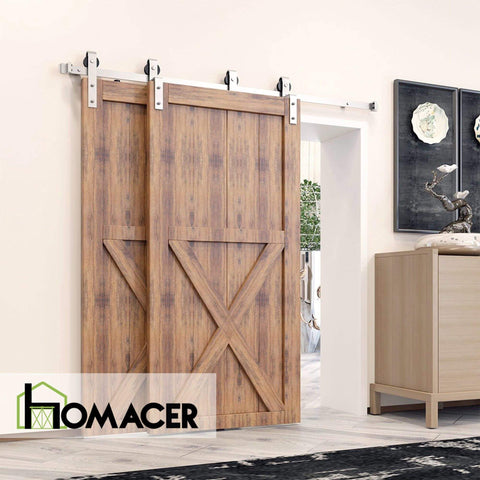 Brushed Nickel Single Track Bypass Sliding Barn Door Hardware Kit For Double Doors, 6Ft Flat Track, Classic Roller System