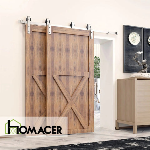 Brushed Nickel Single Track Bypass Sliding Barn Door Hardware Kit For Double Doors Featuring Nine Foot Flat Rail And Slick Heavy Duty Rollers For No Fuss Install with wooden doors.