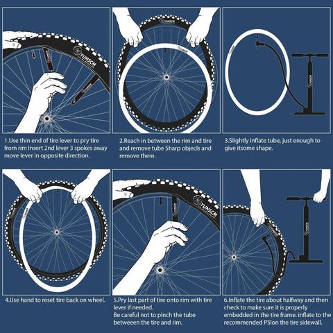 Illustration of steps to install Two Pack 24 Inch Bike Tubes 24x2.125 to 24x2.40 Fit 24 Inch Wheels with Schrader AV32mm Valve.