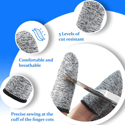 Close-up of 20 Piece Cut Resistant Finger Cots and Finger Sleeves reusable thumb protectors demonstrating cut resistance with scissors.