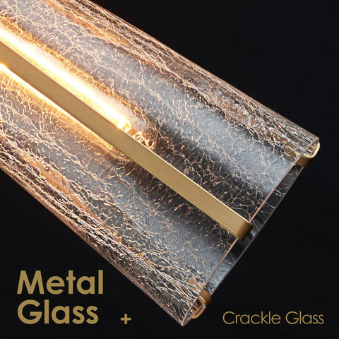 Crackle glass detail with metal frame on Modern Black And Gold Pendant Light With Cone Shade And Gold Frame For Kitchen Island