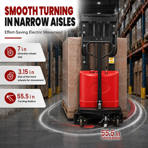 Heavy Duty Full Electric Pallet Stacker With 3500 Lb Load Capacity And 94 In Lift Height For Warehouse Forklift Work showing 55.5 in turning radius.