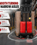 Heavy Duty Full Electric Pallet Stacker With Adjustable Forks Handles 3500 Lbs Load And 94 Inch Lift Height showing wheel size and turning radius in a warehouse.