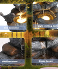 Outdoor Cascading Five Tier Rock Water Fountain With Four LED Lights For Garden Patio Yard And Deck Decor Waterfall Feature With Natural Stone Look For A Relaxed Night Vibe, close-up views of bird decoration, LED lights, simulated stone, and steady current.