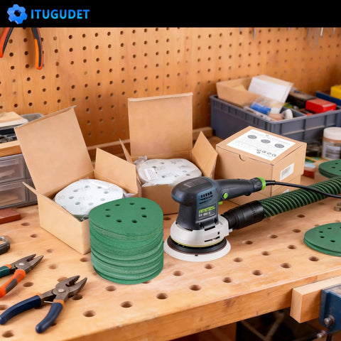50 pc 5-inch sanding discs with 8 holes and random orbital sander on workbench showcasing durable zirconia abrasive.