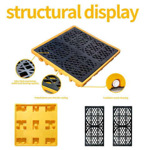 Spill Containment Tray With Drain, Heavy Duty 51x51x6 Inch Platform, Anti Slip Surface, Leakproof Detachable Pallet, Holds Four Drums, Industrial Yellow