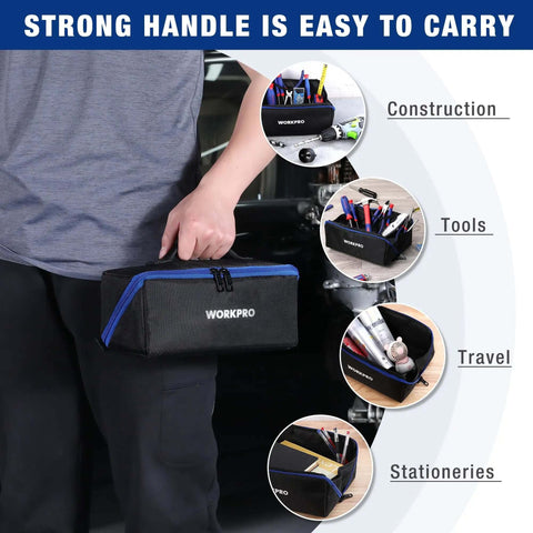 Person holding Heavy Duty 10 Inch Tool Bag With Zipper Wide Mouth Pouch All Purpose Organizer Tote 3 Pack Built Tough From 1680D Oxford Cloth With Dual Zippers For Tools And Parts.