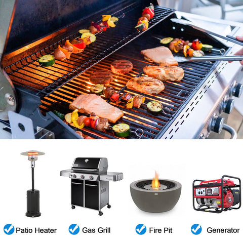 Image of Natural Gas Grill Hose 10-Foot One Half Inch ID With Quick Connect Fitting, showcasing its use with grill, heater, fire pit, generator.