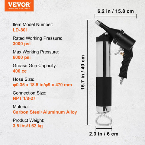 6000 PSI Air Powered Grease Gun with 14 oz Load, 18.5 Inch Hose, Flat and Pointed Couplers, for Cars and Tractors