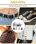 Image showing applications of 2mm Grommets Eyelets Kit With Tool 800Pcs 4 Colors Copper Plated for shoes, belts, bags, and clothing.