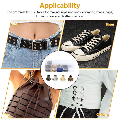 Image showing applications of 2mm Grommets Eyelets Kit With Tool 800Pcs 4 Colors Copper Plated for shoes, belts, bags, and clothing.