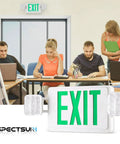 Two Pack LED Exit Sign With Emergency Lights Battery Backup UL Listed installed above office door, people working.
