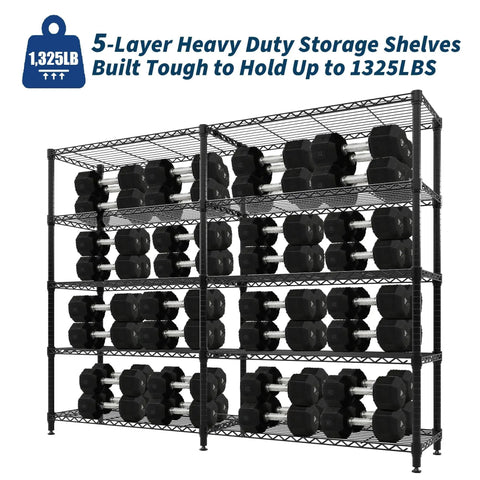 Five Tier Heavy Duty Metal Storage Shelves 60 Inch Wide Wire Shelving Unit Built To Last Holds A Beefy 1325 Lbs Total Load 265 Lbs Per Shelf Corner L Shaped Standing Rack For Garage Kitchen Pantry Basement 13.8 Inch Deep 70.5 Inch High, black wire rack for dumbbells